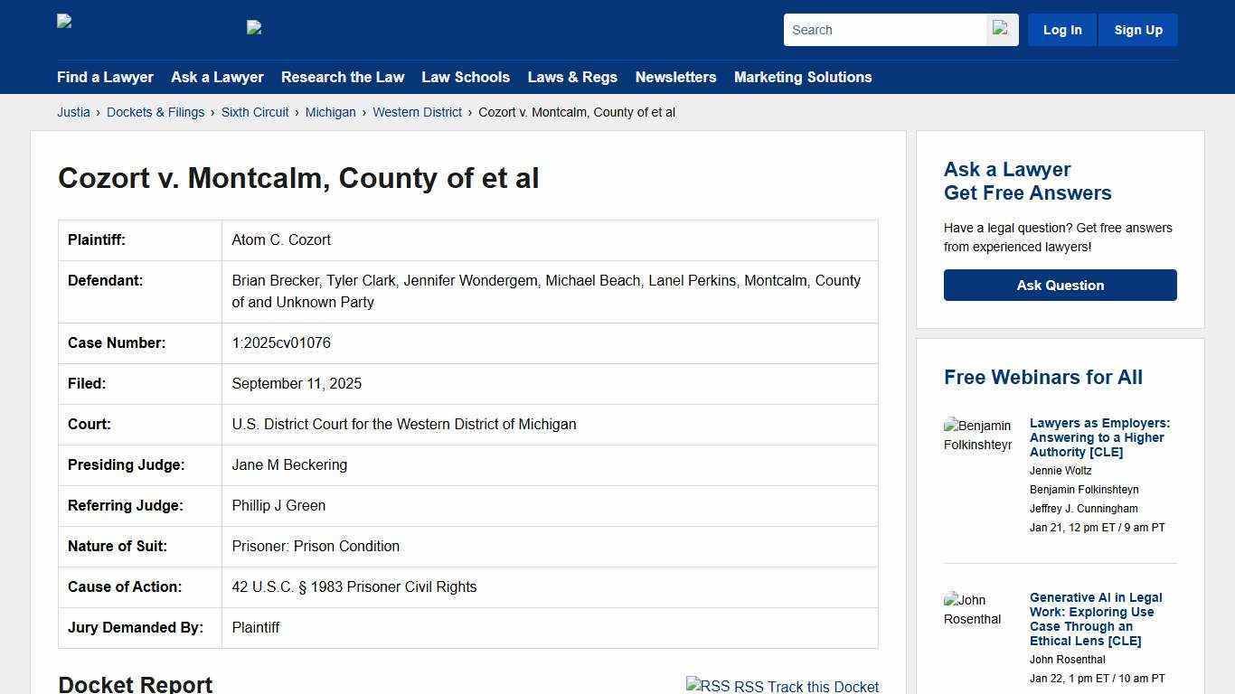 Cozort v. Montcalm, County of et al 1:2025cv01076 | U.S. District Court for the Western District of Michigan | Justia